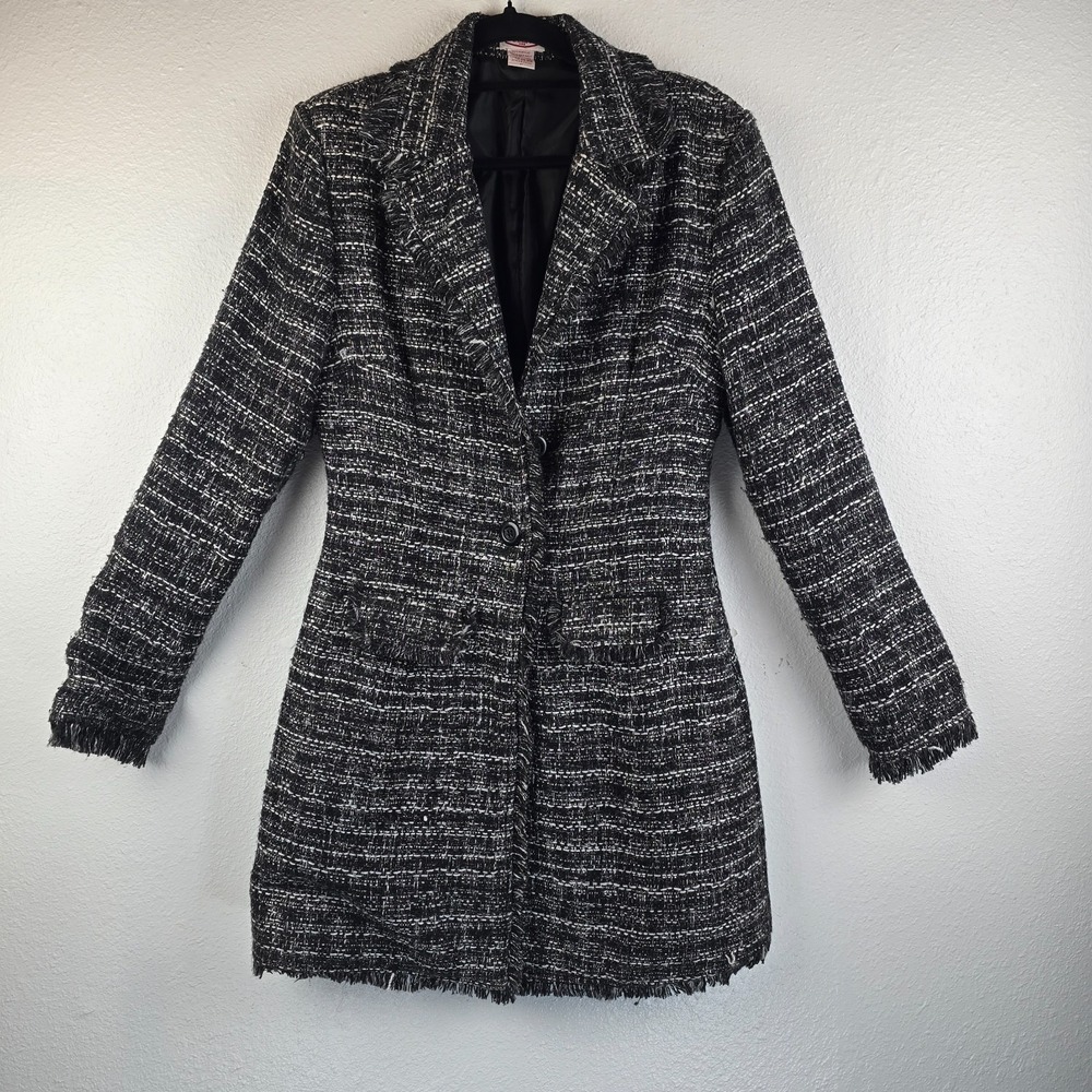 Cello USA Blazer Jacket Womens Medium White Black Tweed Frayed Trim Notch Lapel